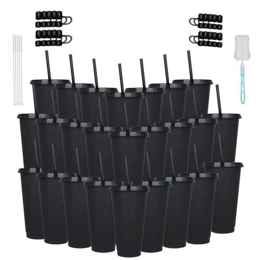 KAFUFU 25-Pack 24oz Pink Tumblers With Dust Caps - Reusable Drink Bottles & Party Cups For Coffee, Car Travel | Valentine's Day Gift Set, Includes Straws & Brushes, Bulk Orders Welcome (25, Black)