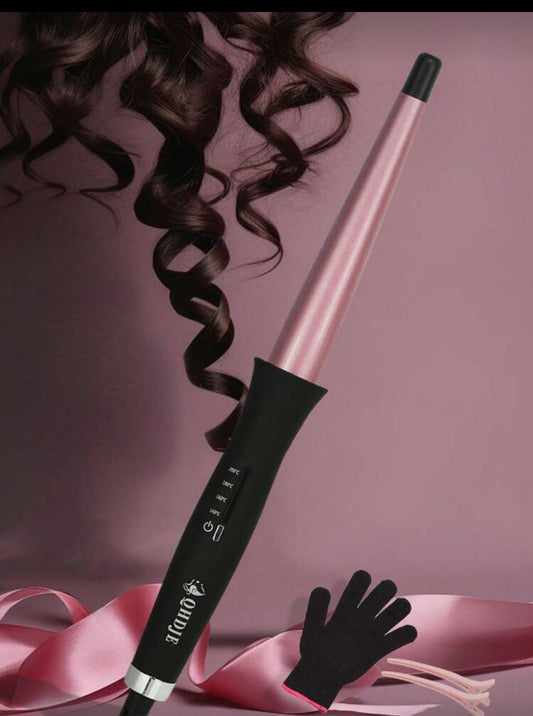 QHDJE 1pc Qhdje Adjustable Temperature Rotatable Power Cord Curling Wand, Multiple Hair Styles, Cone-Shaped 25-13mm Barrel, With Hair Clip, Glove