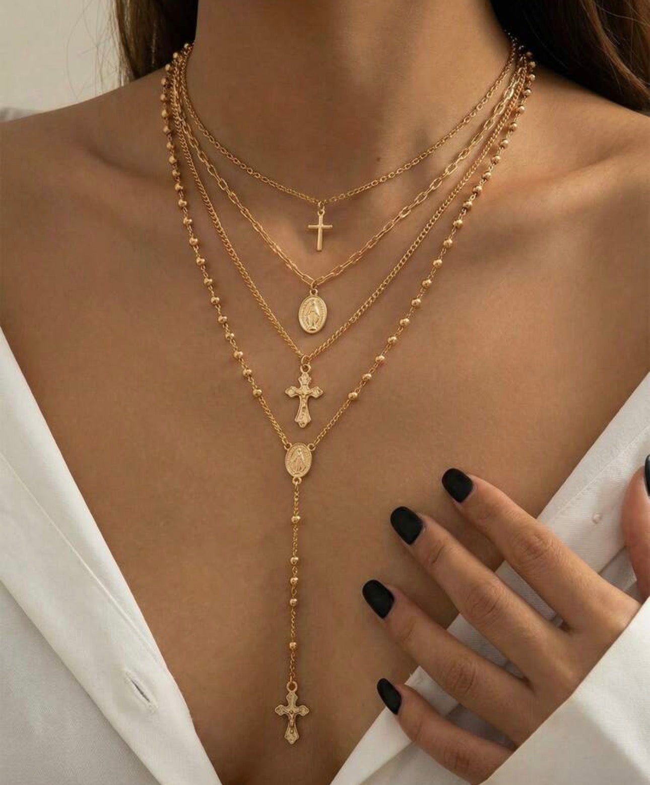 4pcs/Set Fashionable Shiny Cross Pendant Necklace, Hiphop Metal Tag & Snake Chain Beaded Necklace Accessories, Suitable For Party, Gift, And Daily Wear