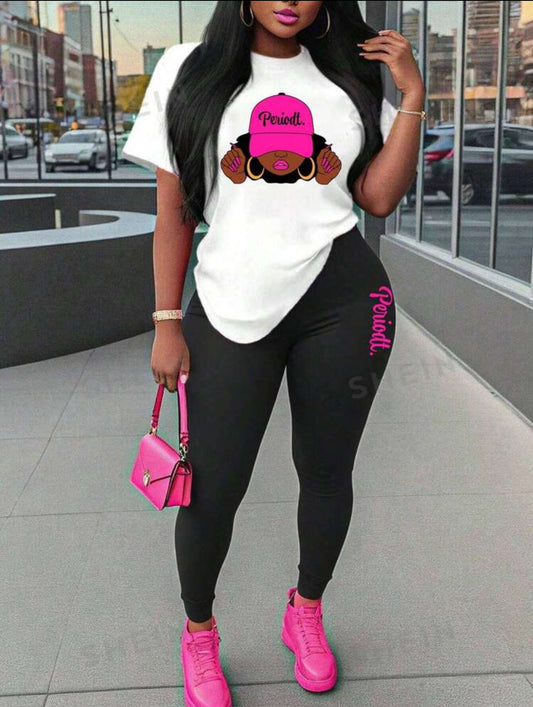 2pcs/Set Women's Figure Printed Crew Neck Short Sleeve Top And Pants Casual Outfit