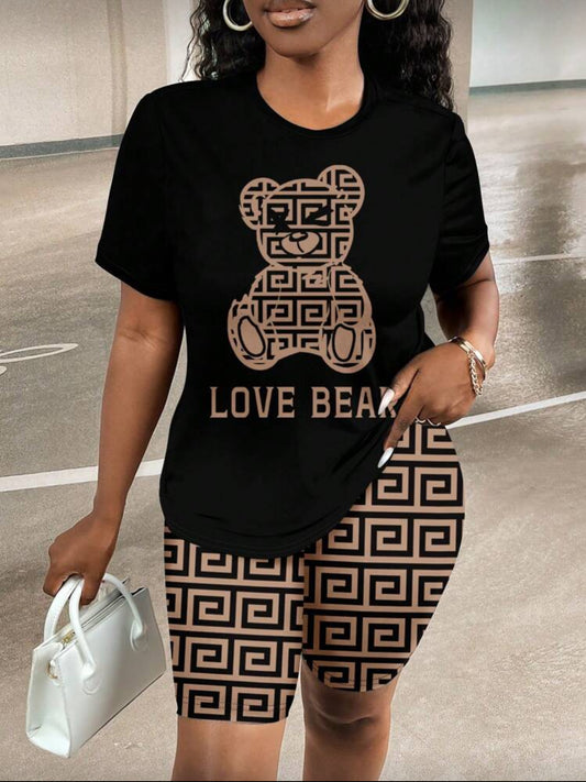 Slaydiva 2pcs/Set Women's Short Fitted Round Neck "LOVE" Bear Graphic T-Shirt And Crop Leggings, Suitable For Summer,Summer Sets