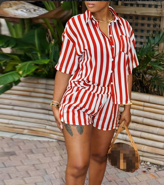 [Chic Summer Two-Piece Set] Polyester Blend Women's Chic Summer Striped Print Two-Piece Set | Loose Fit Short Sleeve Button-Up Shirt & High-Waist Shorts, Machine Washable