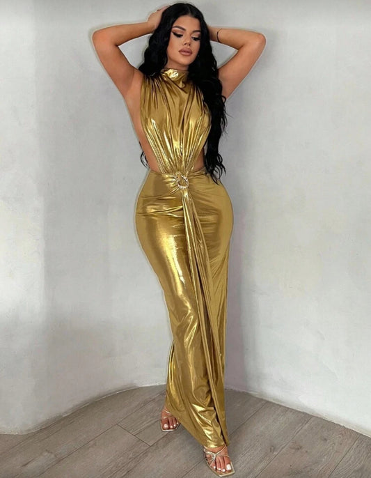 SHEIN SXY Gold Sexy Hollow-Out Metal Buckle Party Dress, Metallic Gold Dress, Gold Occasion Dress, Gold Gown, Gold Maxi Dress, Gold Evening Gown,Christmas ,New Year Outfit ,Party , Prom Dress,Shiny Dress ,Glod,Chic,Club Outfits Women Sexy