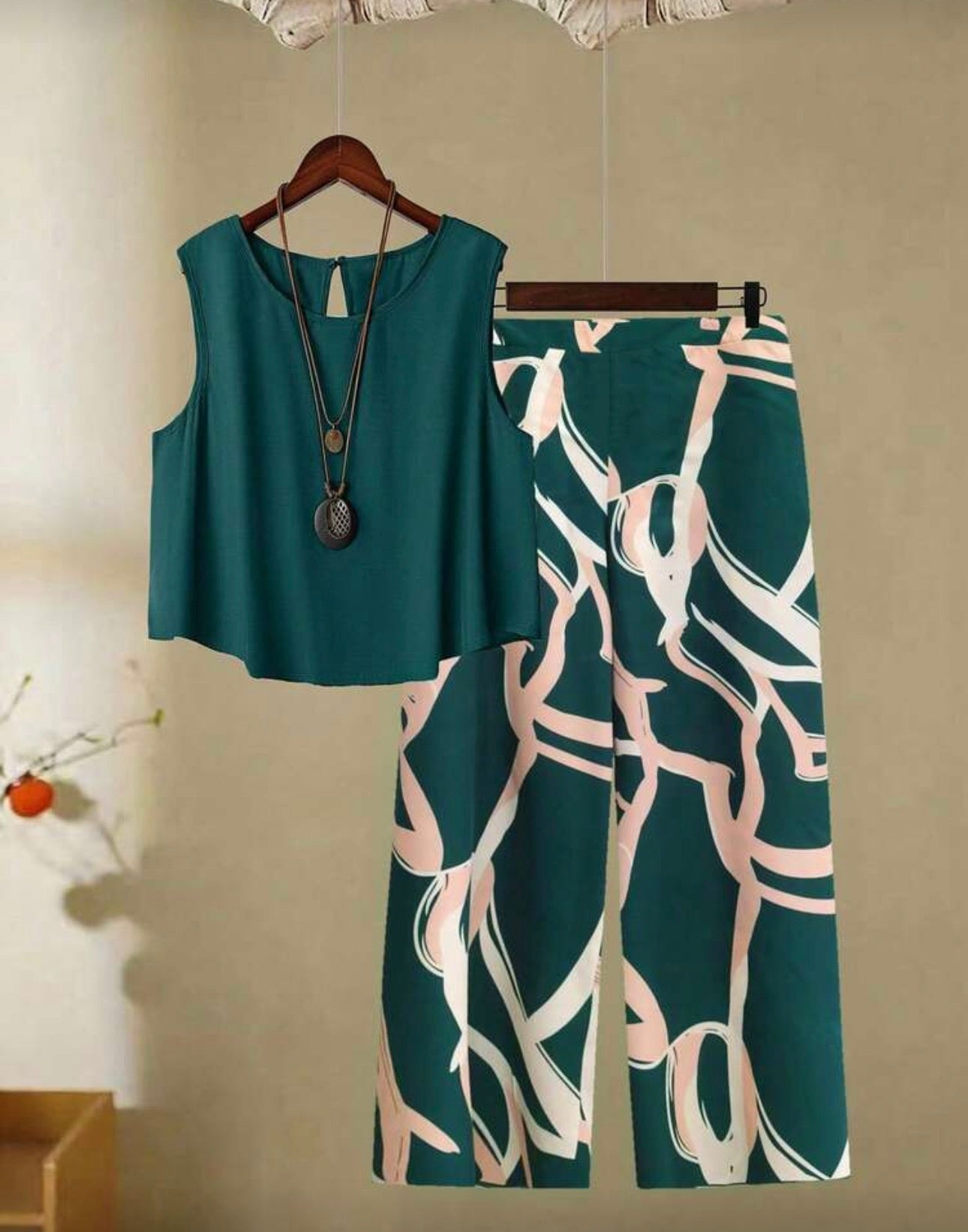 EMERY ROSE 2pcs Plus Size Women's Summer Solid Color Round Neck Camisole Top And Wide Leg Pants Casual Outfit