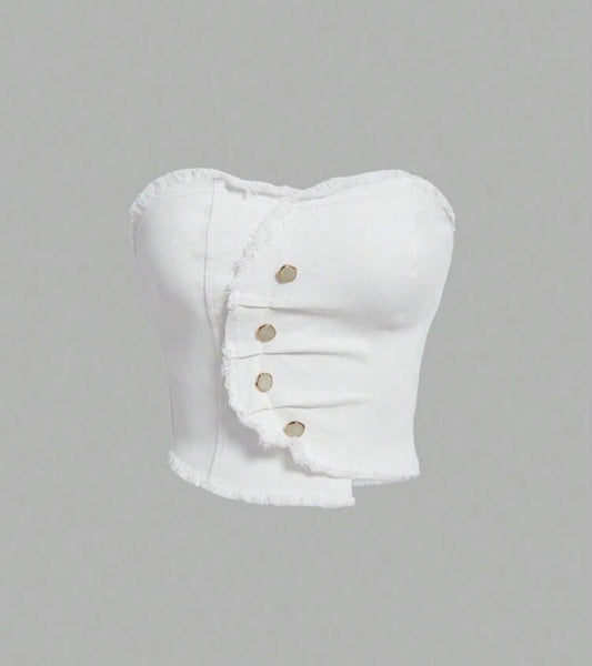 SHEIN MOD Women's Asymmetrical Hem Denim Strapless White Button-Embellished Bodice Top