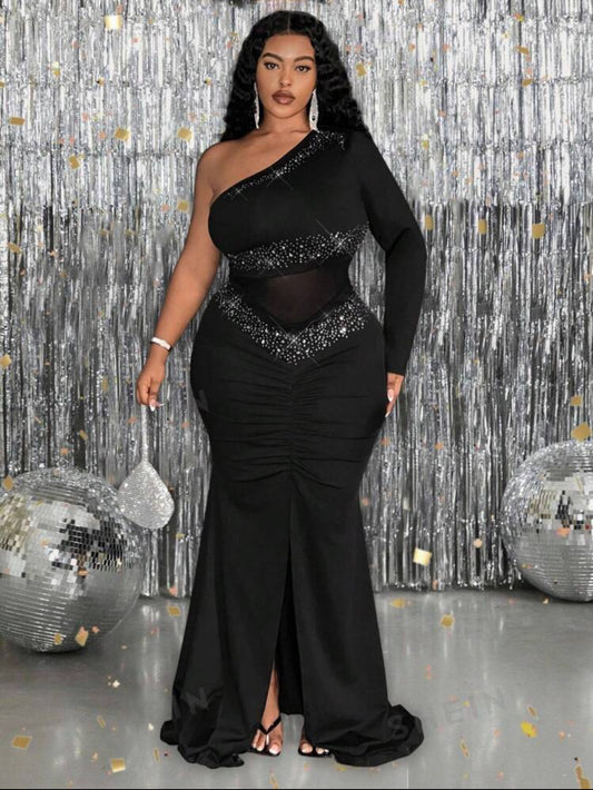 Plus Size Asymmetric Shoulder Long Sleeve Mesh Insert Rhinestone Embellished Split Fishtail Hem Formal Dress For Autumn/Winter