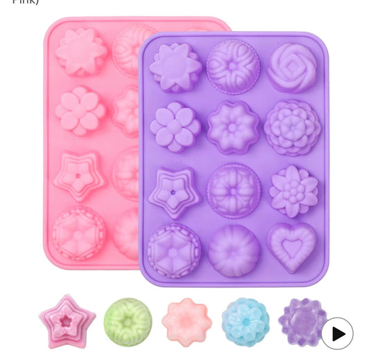 SJ Silicone Soap Molds 2 Packs, Flower Soap Molds for Soap Making,12 Cavities Different Shapes Mold for Craft Soap, Jelly, Chocolate, Candy, Lotion Bar, Bath Bombs & Ice Cube(Purple & Pink)