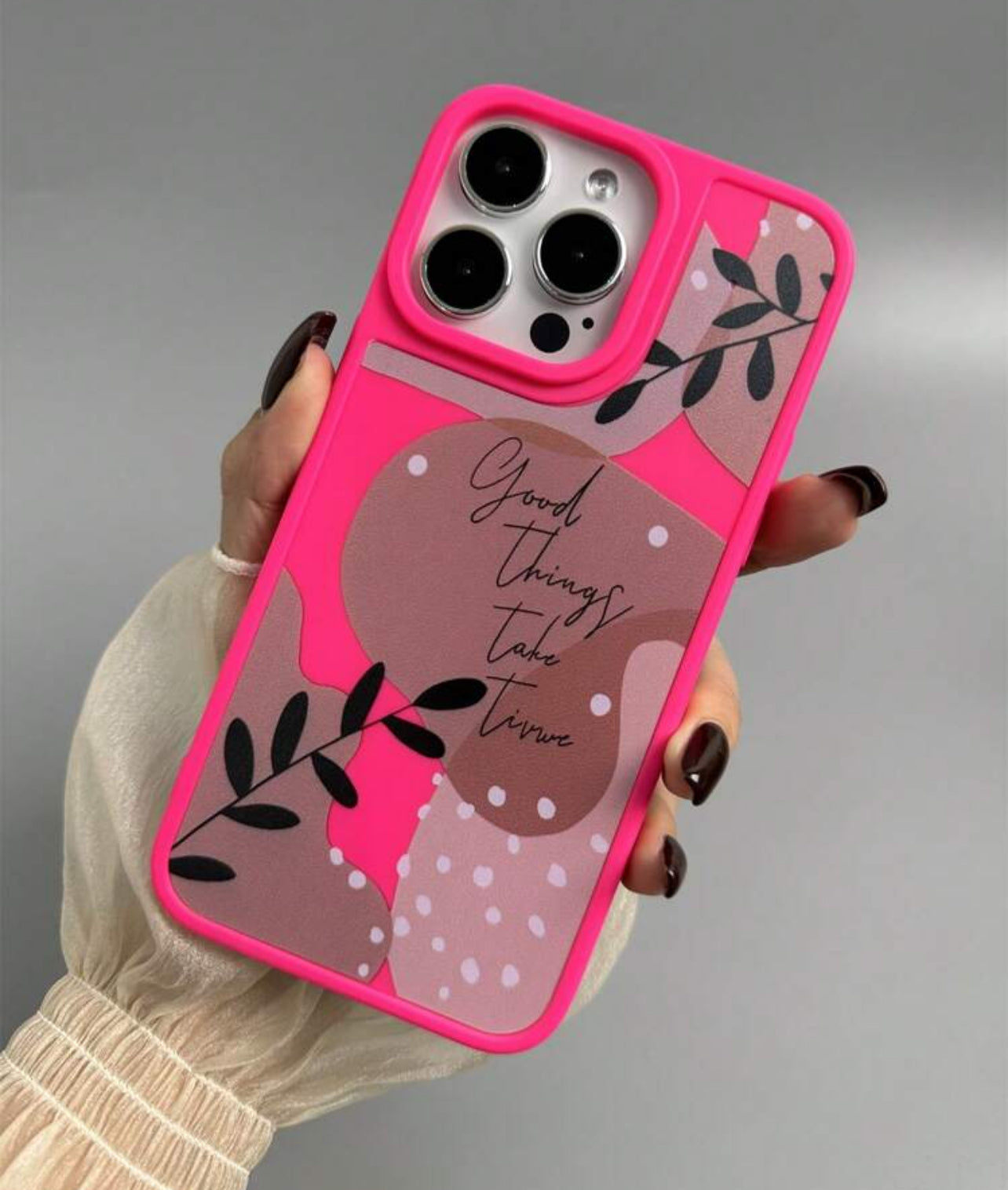 Hot Pink Summer Pink 1pc Matte Red Shockproof Mobile Phone Case With Raised Camera Edge & Tpu Color Drawing Leaf Pattern Compatible With IPhone Models