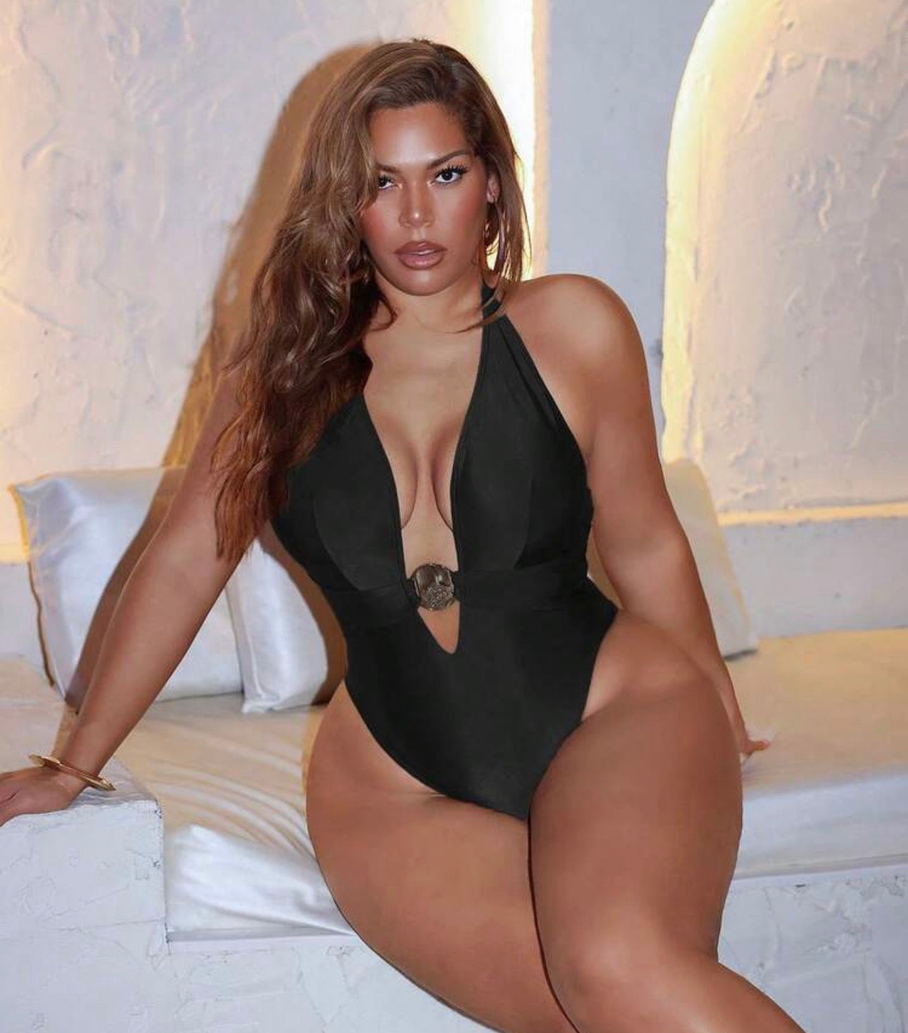 SHEIN Swim SXY Plus Size Women One-Piece Solid Color Brown Fashionable Casual Vacation Daily Wear Deep V-Neck Fitted One-Piece Swimsuit