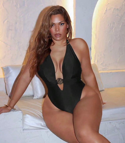 SHEIN Swim SXY Plus Size Women One-Piece Solid Color Brown Fashionable Casual Vacation Daily Wear Deep V-Neck Fitted One-Piece Swimsuit