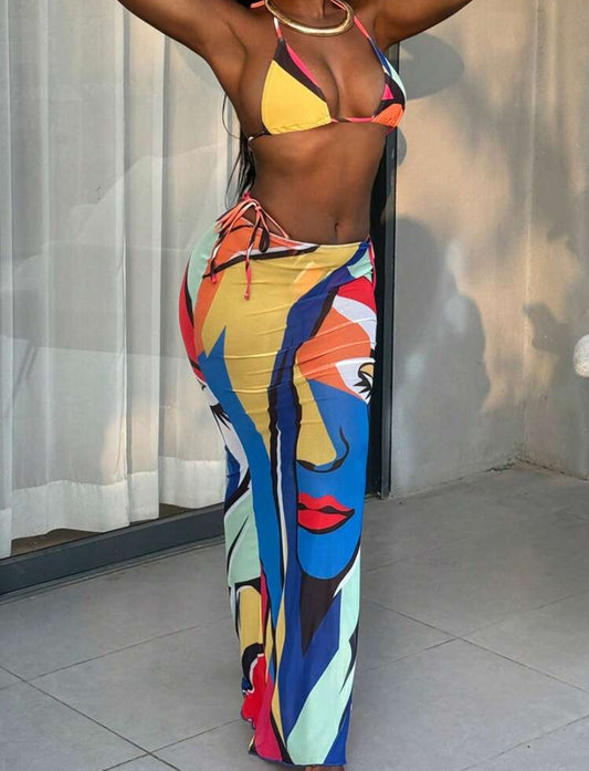 BamGleam 3pcs Spring Break Geometric Printed Halter Neck Side Tie Beach Dress Swimsuit Bikini Set For Women, Summer Vacation Dates