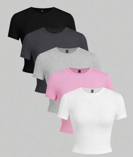 SHEIN EZwear 5pcs/Set Solid Color Fitted Tank Tops & Tees