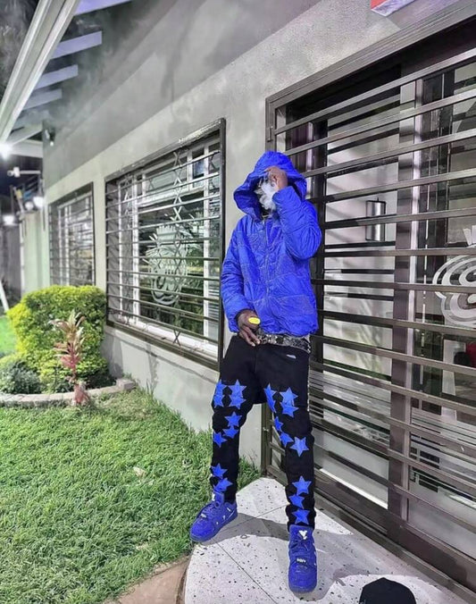 1pc Black Slim Fit Elastic Streetwear Casual Cargo Pants, Breathable Solid Star Pattern Thick Casual Men's Jeans, Suitable For Urban Strolling