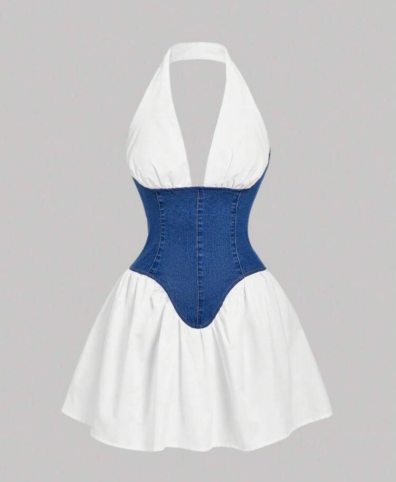 SHEIN MOD Women's Color Block Backless Halter Neck Denim Dress