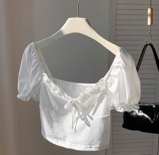 Comfortcana Summer Going Out Sweetheart Neck Frill Trim Knot Front Puff Sleeve Crop White Top