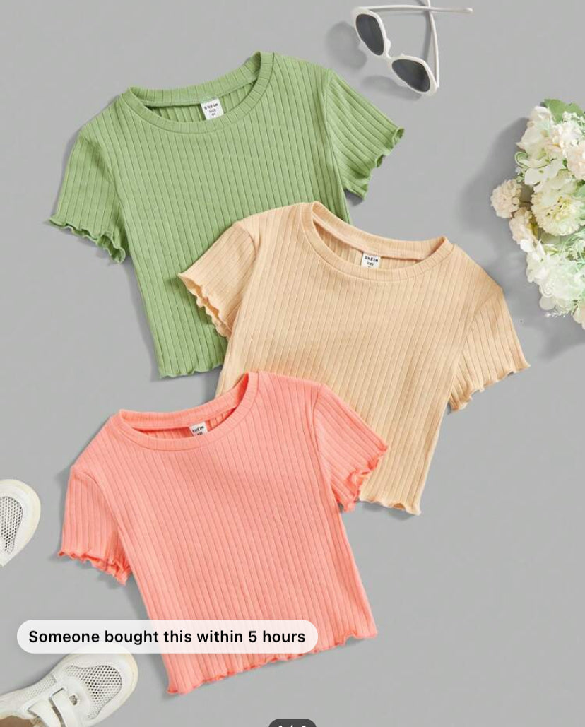 SHEIN Tween Girl 3pcs Round Neck Casual Short Sleeve T-Shirt With Scalloped Hem