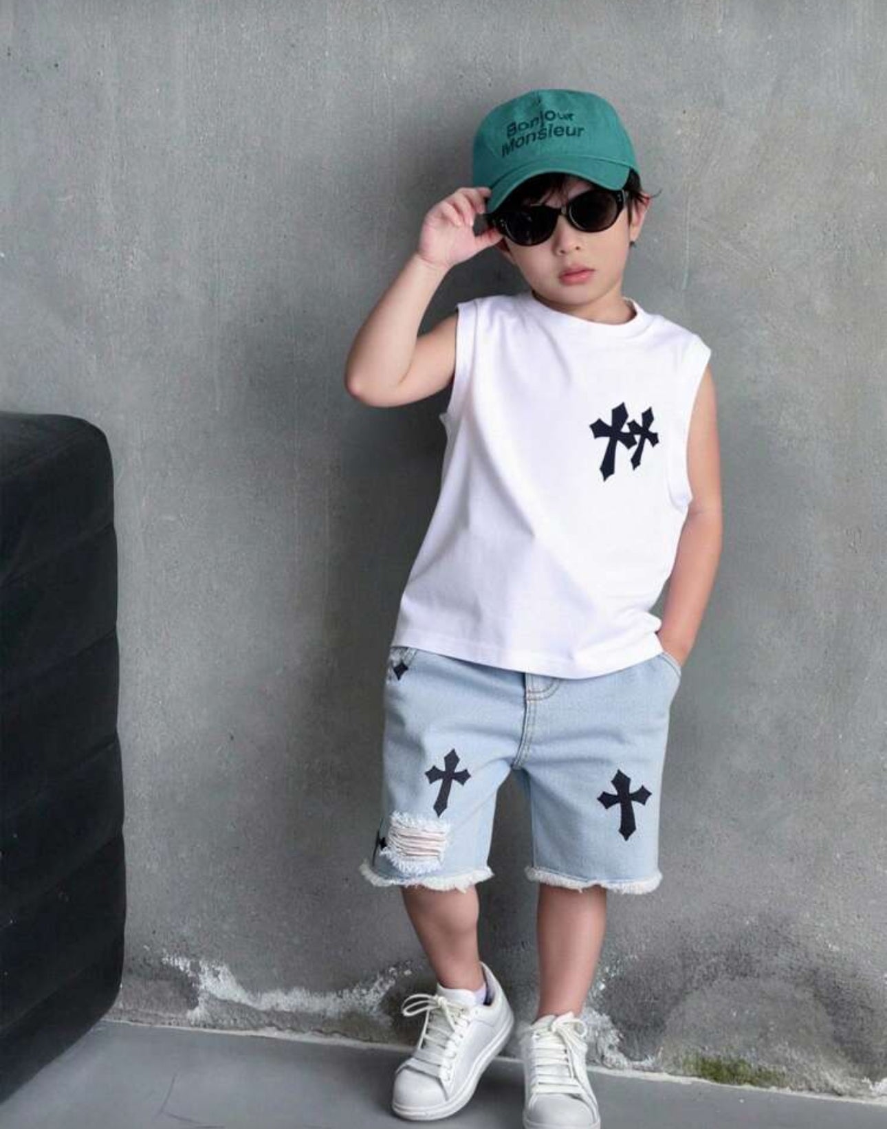 Young Boys Casual Comfortable Versatile Sleeveless Top And Denim Shorts Set