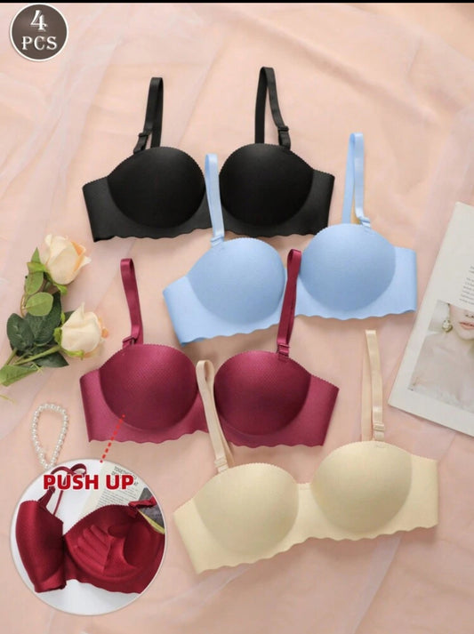 4PCS Women's Small Chest Underwear, Seamless & Wireless Bralette, Push-UP & Solid Bras