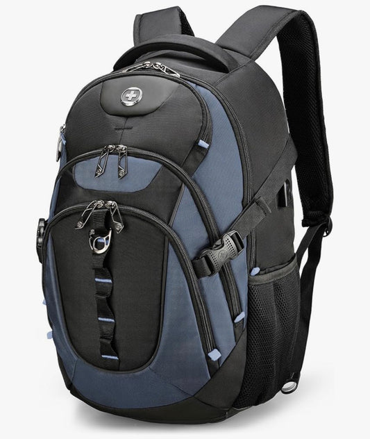 Swissdigital Design Laptop Backpack, Travel Backpack with USB Charging Port Fits 15.6 inches Computer, 31L College School Bookbag for Men,Haze Blue/Black | SD803-16