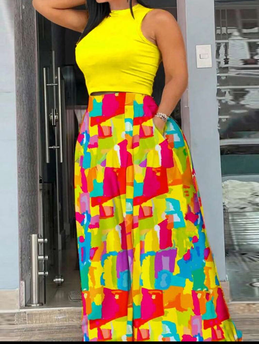 Slaydiva Plus Size Elegant & Holiday Casual Net Yellow Sleeveless Vest And Wide Leg Pants, Color-Blocked Tie Dye Printed Women's 2-Piece Set, Pride, Summer,Holiday Outfits