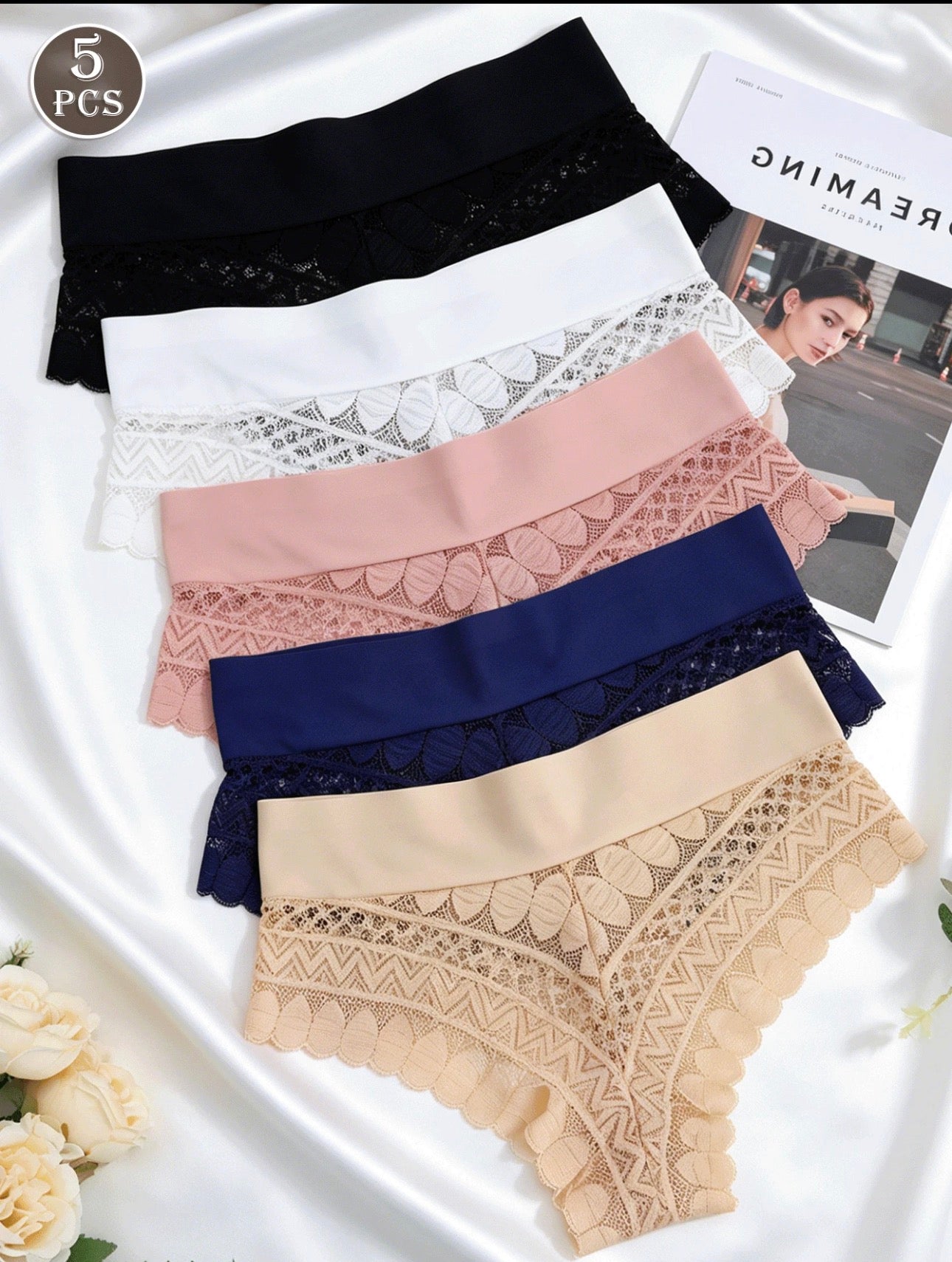 5pcs Women's Lace Sexy Patchwork Seamless Briefs, Stretchy & Breathable, Suitable For Yoga, Sports And Daily Wear