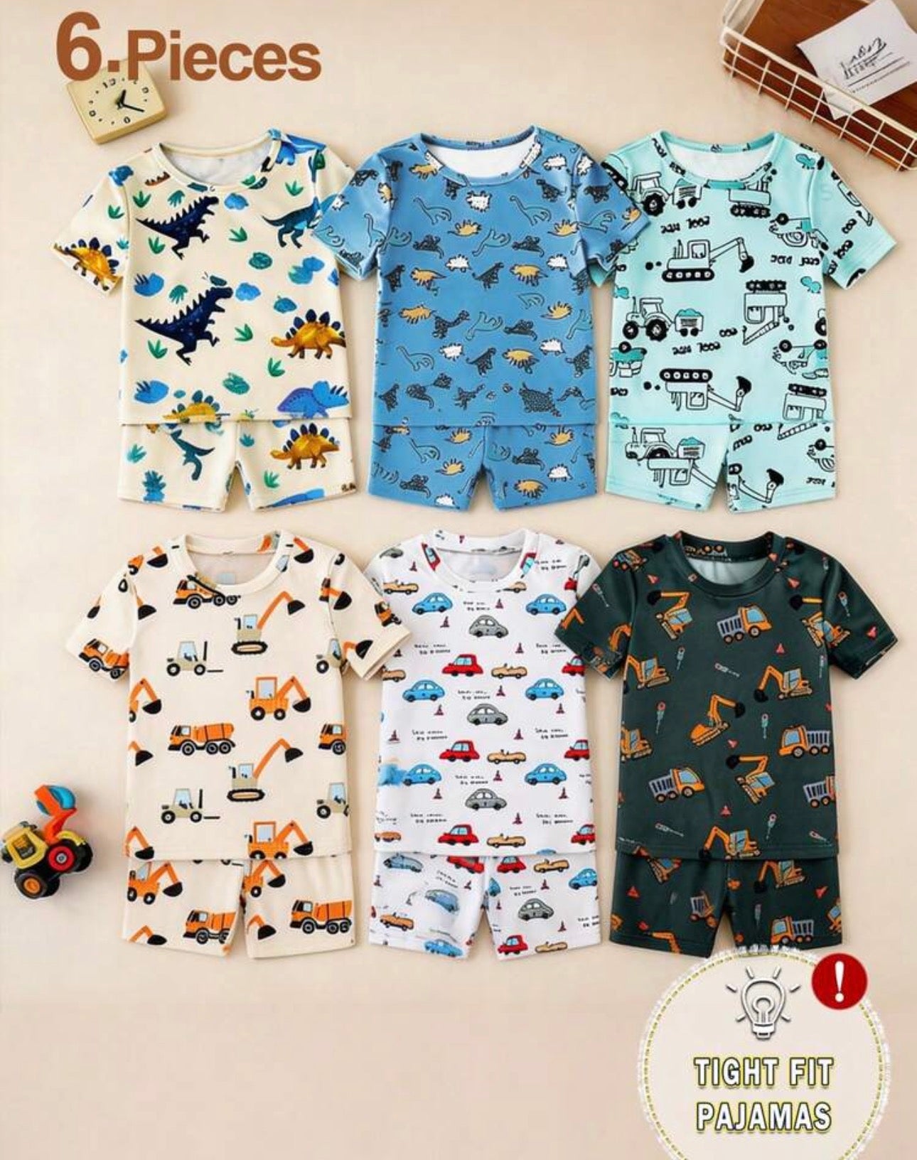 SHEIN GraphicGems 6pcs/Set Boys' Construction Vehicle Print Short Sleeve Shorts Knit Soft Snug Fit Pajamas Homewear Set