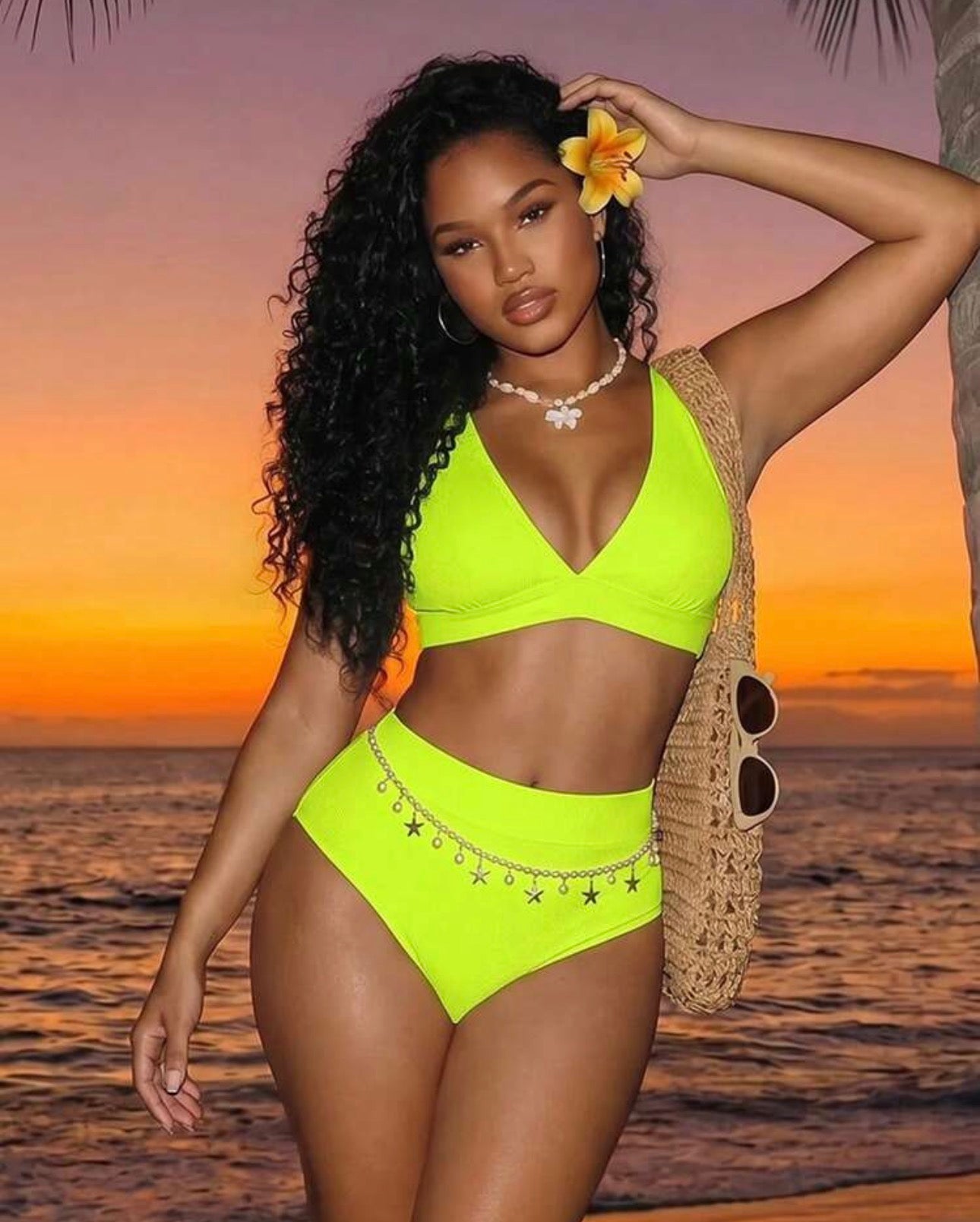 BamGleam 2026 Spring/Summer Lime Green Deep V-Neck Solid Color Sexy Vacation High Cut Bikini Swimsuit 2-Piece Set For Women Beach