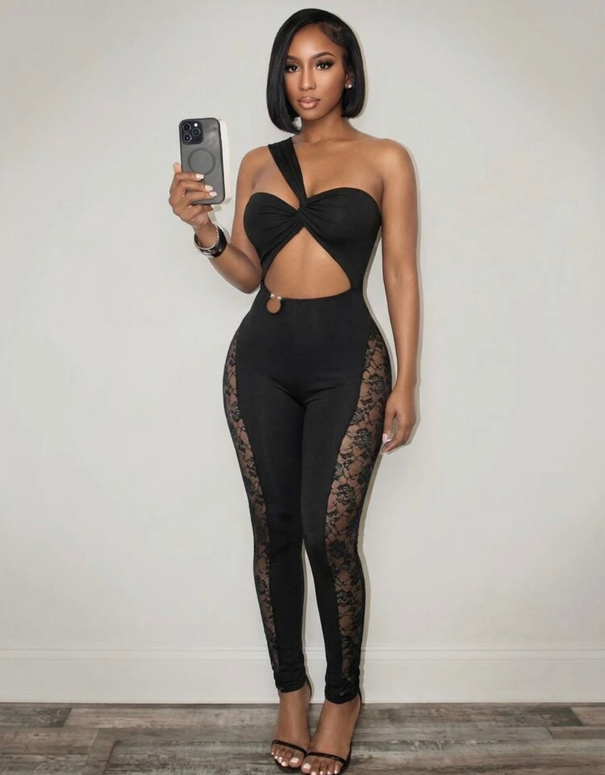 BamGleam Ladies' Summer Solid Color Sexy Slanted Shoulder Lace Patchwork Tight Black Jumpsuit, Suitable For Sexy Parties, Nightclubs And Other Occasions