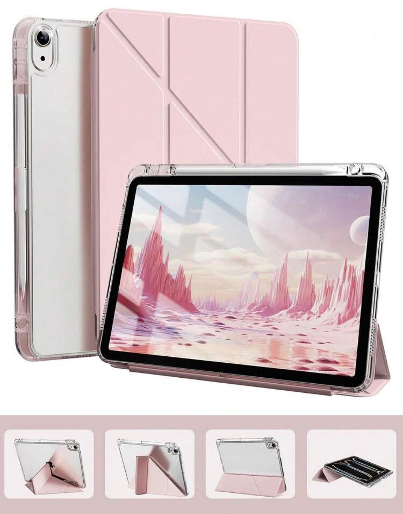 Pink Solid Color Material Basic Pad Case Slim & Fashionable Transparent Protective Case With Pencil Slot And Multi-Angle Y-Shaped Stand, Suitable For 10th Gen 10.9" (2022), 11th Gen 11" (2025), Air 4th/5th Gen, Pro (2020/2021/2022/2024) Spring Easter Momm