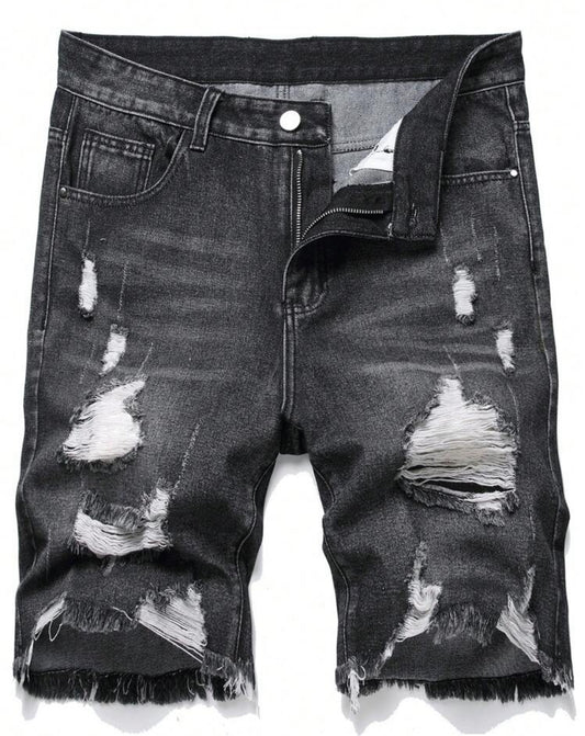 Men's Casual Distressed Cat Whisker Frayed Denim Shorts, Summer