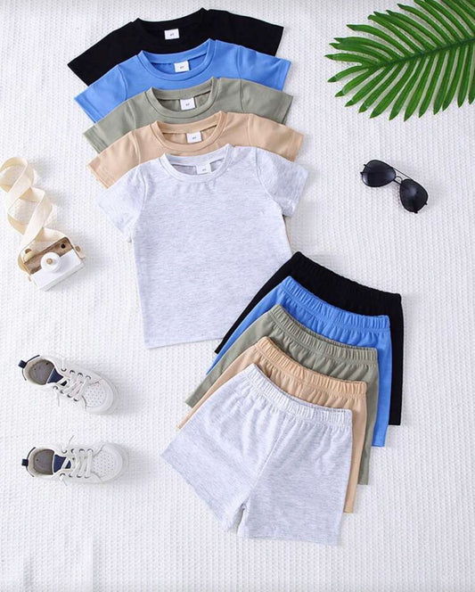 10pcs Set Young Boy Casual Solid Color Lightweight Soft Knit Fabric Short Sleeve T-Shirt And Shorts Outfit, Suitable For Outdoor Wearing, Spring/Summer