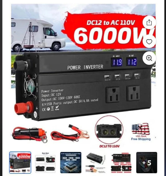 6000W Car Power Inverter DC 12V To 110V AC with Dual Outlets and USB Charger, High-Capacity Power Converter for Vehicles Trucks Camping and Outdoor Use, Solar Converter LCD Display