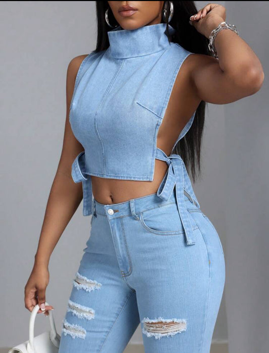 SHEIN SXY Women's Summer Denim Vest With Stand Collar, Side Tie Details And Hollow Out Design
