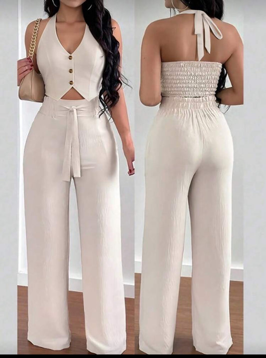 INAWLY 2pcs Set Women Casual Holiday Tied Neck Halter Top & Wide Leg Pants