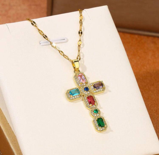 1pc Copper Cross Pendant Embedded With Multicolored Cubic Zirconia, Accompanied By Lip Chain Necklace Made Of Titanium Steel, Jewelry Present