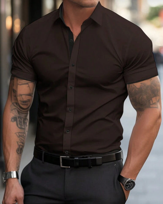 Manfinity Mode Men's Solid Color Short Sleeve Single-Breasted Casual Shirt