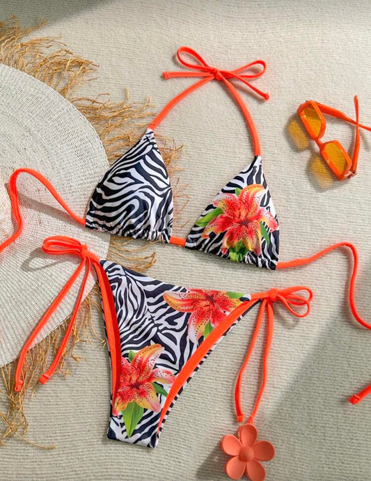 Soleia 2pcs Colorful Zebra Print Floral Pattern Contrast Color Bikini Set, Beach Vacation