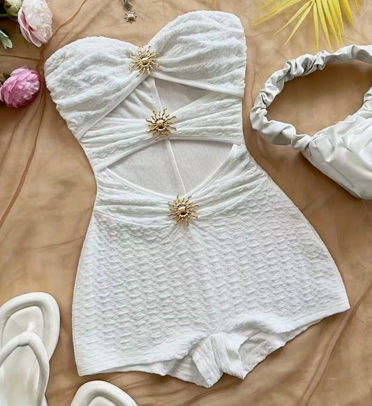 [White Metallic Jumpsuit] Textured White Fitted Jumpsuit with Metallic Finish for Women | Perfect for Parties, Dates, Afternoon Tea, Music Festivals, Beach, Cruises & Summer