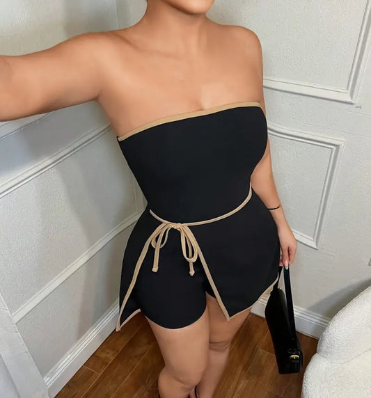 Women's Black & Golden Contrast Sleeve Strapless Jumpsuit - Lightweight Breathable Summer Romper with Mid-Stretch Fabric, Machine Washable for Beach Parties, Casual & Semi-Formal Events - Spring/Summer Outfit
