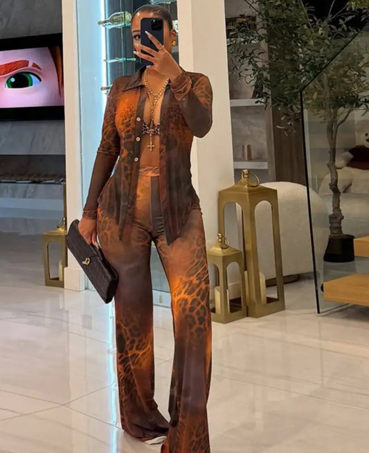 2025 New Women's Suit - Fashionable and Casual Printed Mesh Lapel Long Sleeve Button Cardigan Flared Pants Two-Piece Suit, Seasonal Fashion, Casual Attire, Breathable Fabric, Durable Construction, Office Attire, Trendy Ladies, Dressy Pant Suits For Women,