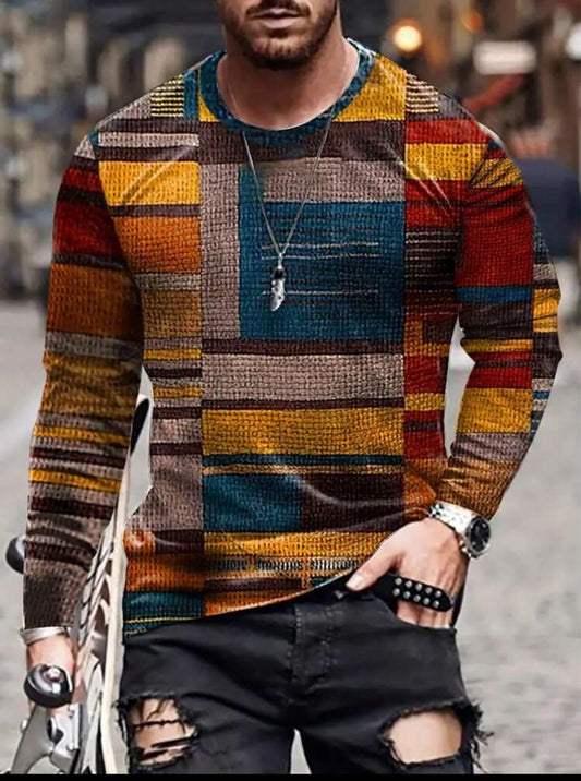 Asymmetrical Color Block Collision Patchwork Retro Print Pattern Fashionable Crew Neck Hooded Long Sleeve Sweatshirt, Autumn/Winter