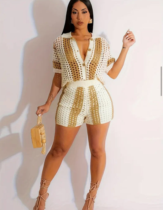 2pcs Striped Hollow Out Top & Shorts Set, Short Sleeve Button Front Top & High Waist Slim Shorts Outfits, Women'S Clothing