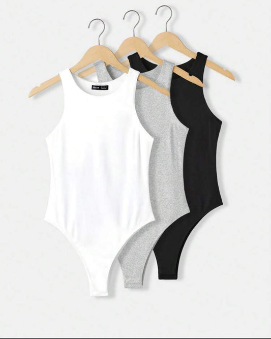SHEIN BASICS 3pcs Set Casual Round Neck Sleeveless Slim Solid Color Knit Women Bodysuit, Cozy Chic