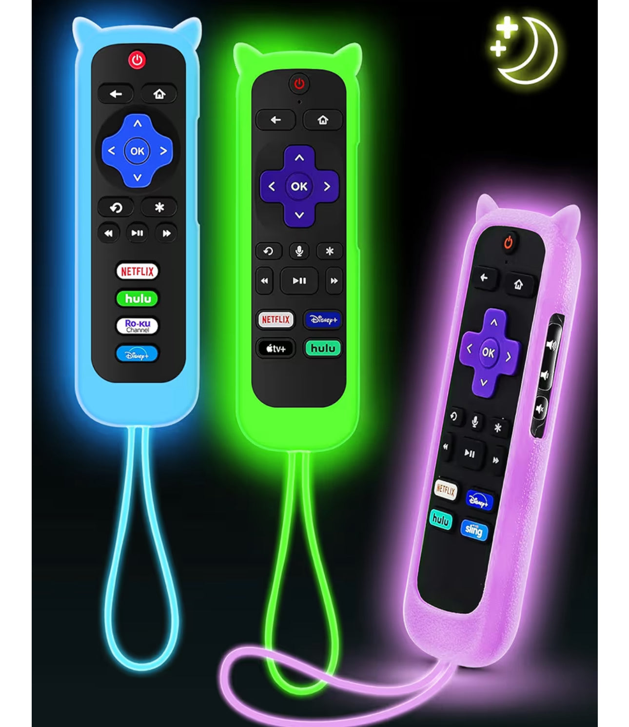 3Pcs Remote Cover for Roku with Cat Ears Design, Silicone Skin Case Compatible with Hisense/TCL Roku TV, Steaming Stick/Express, Universal Replacement Controller. Glow in The Dark Green/Blue/Purple