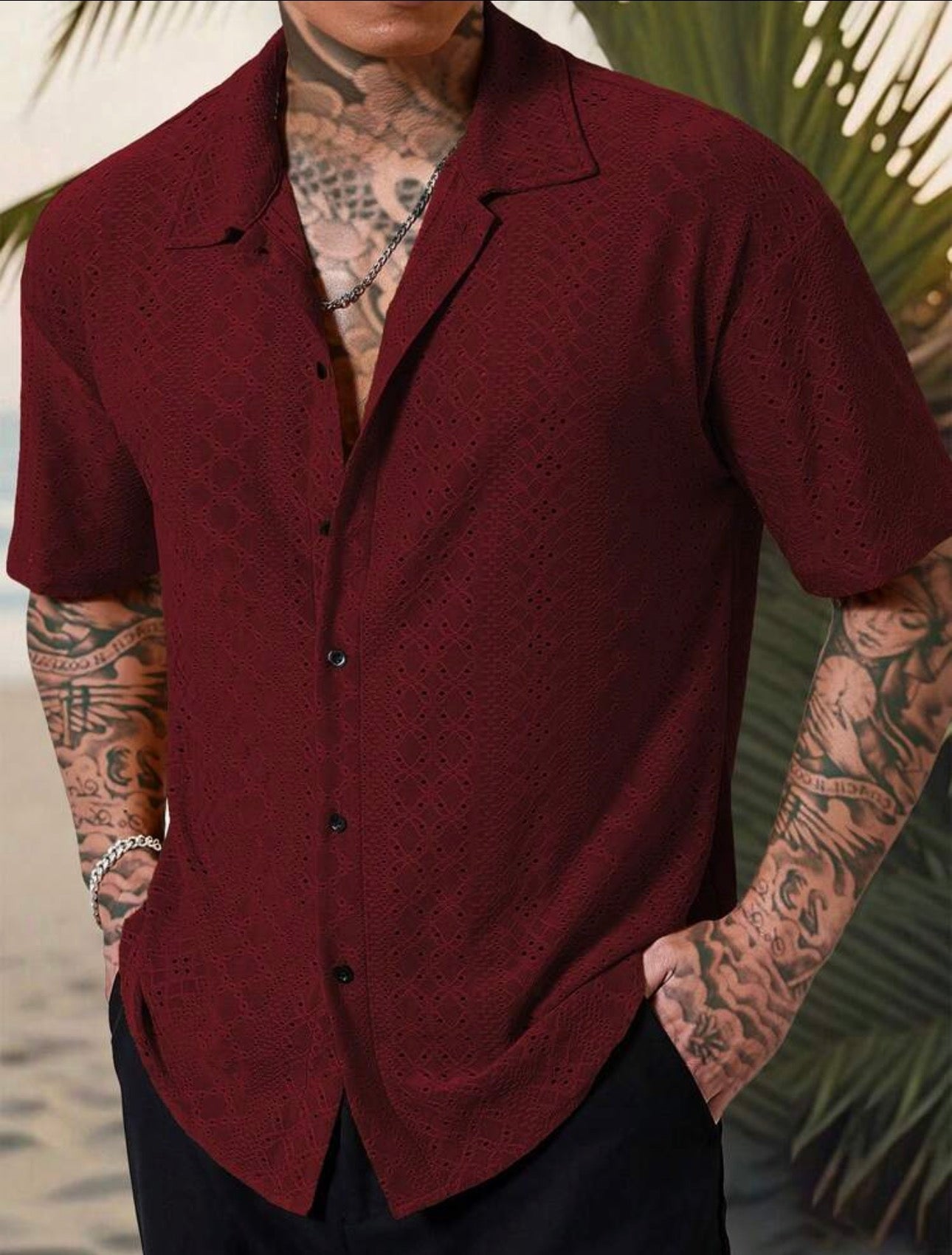 Manfinity RSRT Men's Burgundy Summer Casual Vacation Holiday Shirt,Knitted Geometric Striped Crochet Textured Jacquard Loose Short-Sleeve Single-Breasted Button Up