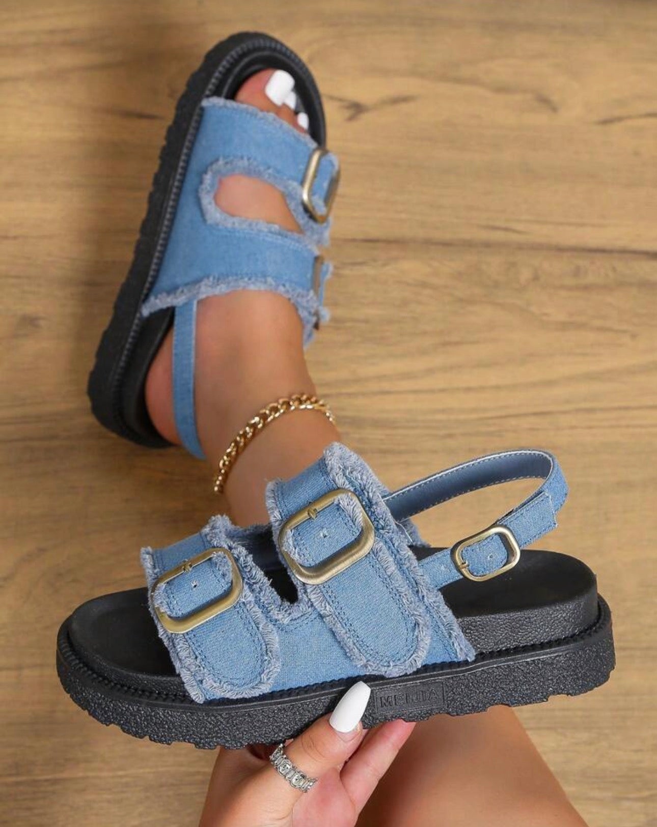 Fashion Blue Sandals For Women, Buckle Decor Flatform Slingback Sandals