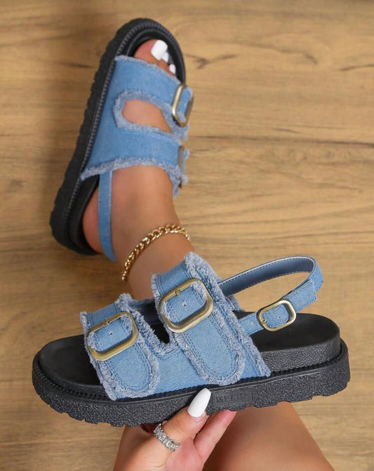 Fashion Blue Sandals For Women, Buckle Decor Flatform Slingback Sandals
