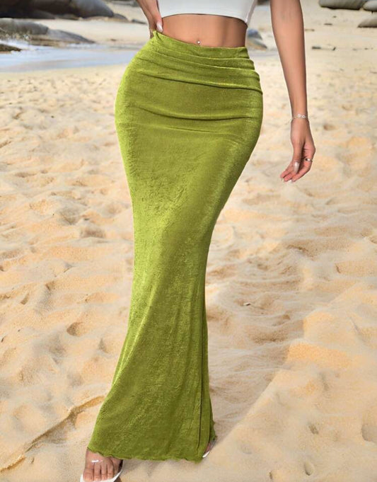 Firerie Ladies' Simple & Elegant Green Low-Waisted Extra Long Maxi Skirt For Summer Vacation Dating
