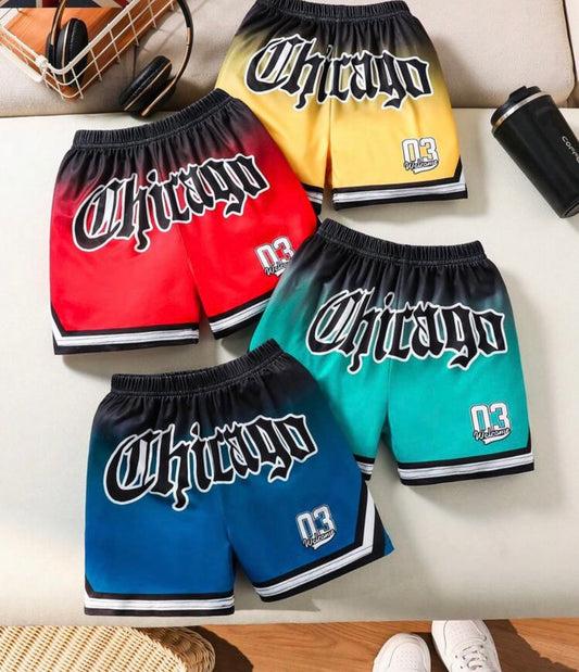 4 Pcs Young Boy Stylish Gradient 3D Letter Chicago Print Sports Shorts - Comfortable And Fashion, Elastic Waist, Machine Washable, Suitable For Outdoor Getaway, Holiday, Travel, Relax, Sunbathing, Summer, School, Campus, College Summer Holiday