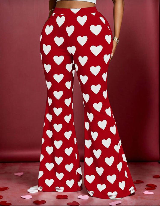 Maweii Plus Size Valentine's Day Heart Print Flare Pants